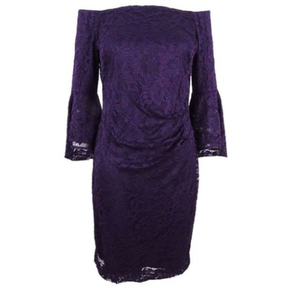 Lauren Ralph Lauren Purple Lace Off-the-Shoulder Trumpet Sleeve Dress Size 16 - Picture 5 of 6